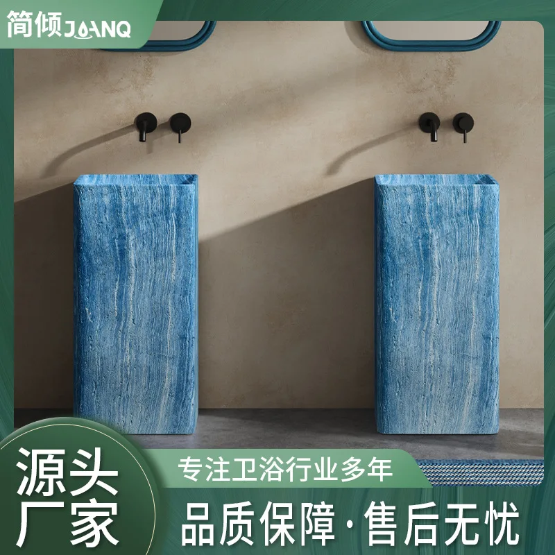 

Minimal light luxury style column basin designer creative vertical wash basin integrated floor blue travertine wash basin