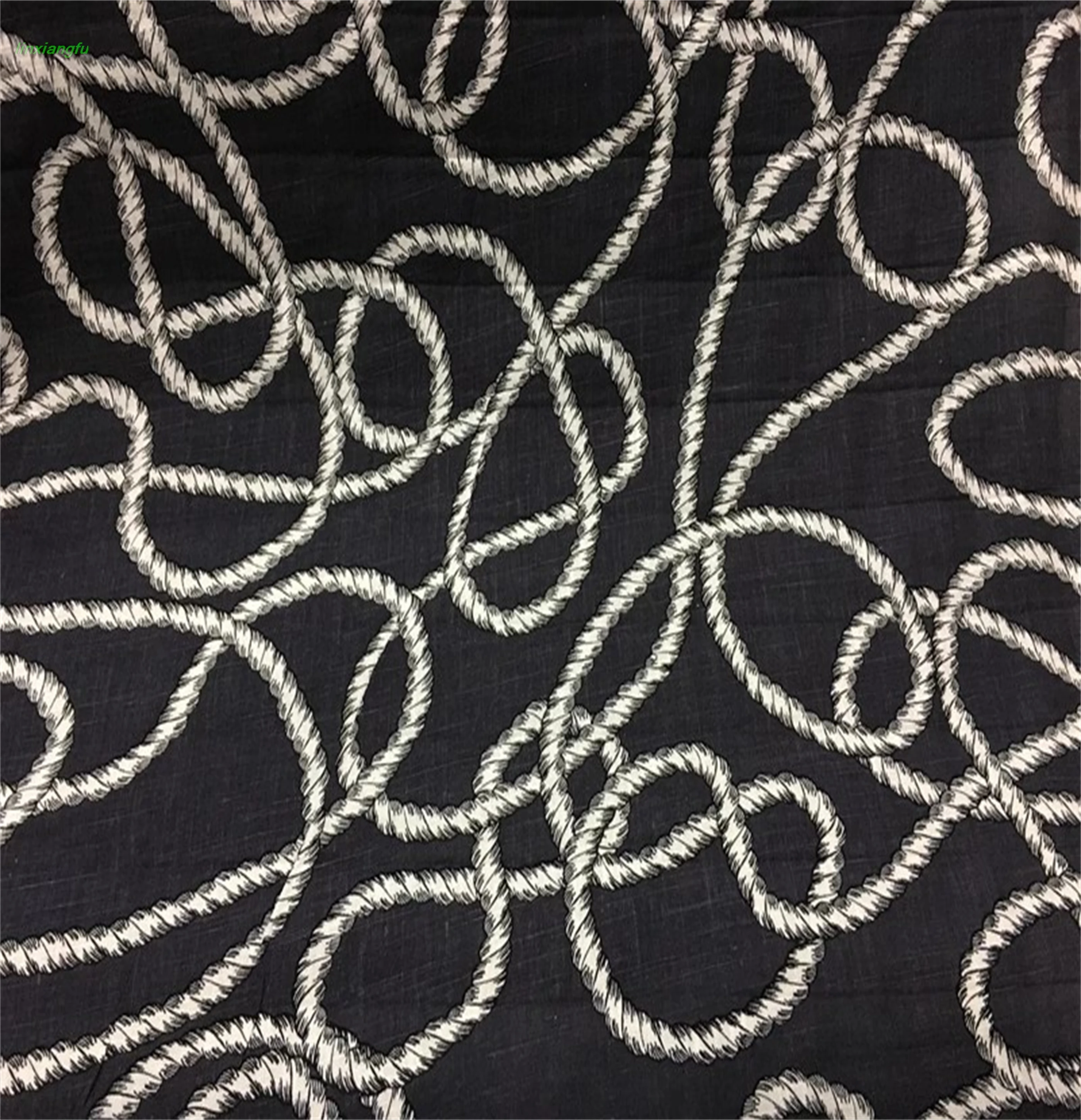 Black background white abstract chain stripe fabric, cotton and linen fashion, shirt, dress and pants fabric.