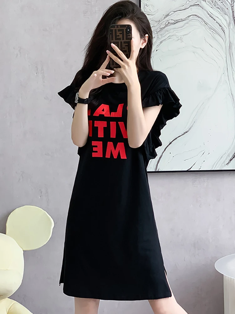 

2025 Black Print Letter Chic Ruffled Petal Sleeve Midi Dress Women Elegant Casual Home Dress Summer Korean Vintage Evening Dress