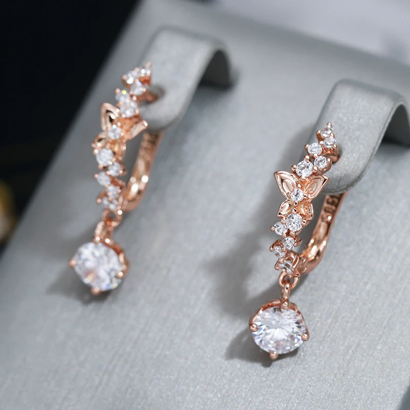 Wbmqda Sparkling Natural Zircon Drop Earrings For Women 585 Rose Gold Color Luxury And Romantic Wedding Party Dubai Jewelry