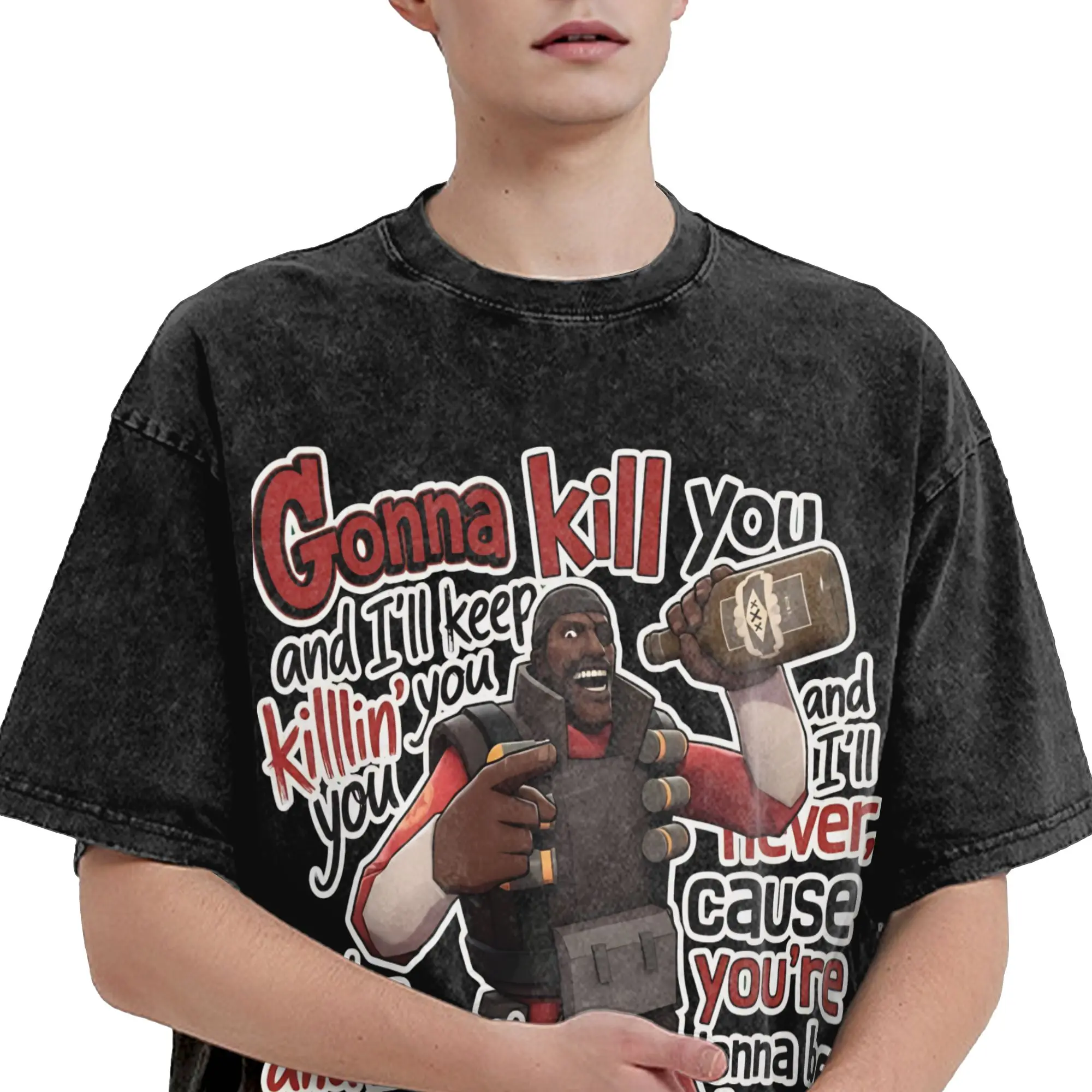 Harajuku Washed Shirts DEMOMAN Team fortress 2  Gonna kill you  Outfit Retro T Shirt Oversize  Streetwear Short Sleeve