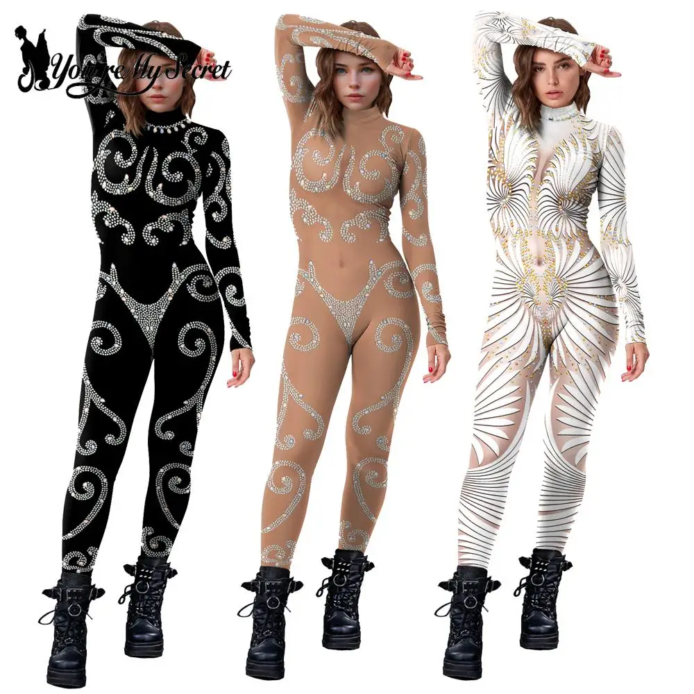 [Je Bent Mijn Geheim] Vrouwen Jumpsuit Pailletten Kant Patroon Bedrukt Bodysuit Glanzend Sexy Jumpsuit Volwassen Carnaval Feest Nachtclub Outfits