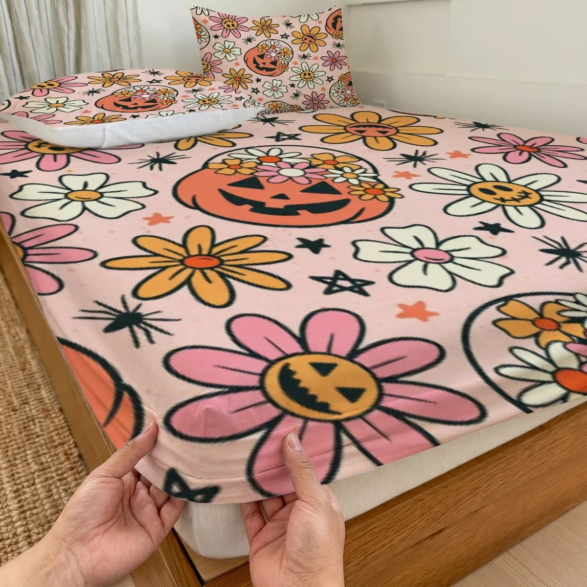 Quirky Retro Halloween Floral 2D Digital Print Three-Piece Bedding Set (Includes 1 Fitted Sheet + 2 Pillowcases, No Filling) in Light Pink, Featuring Cute Pumpkin Lanterns, Spiders, and Colorful Flowers