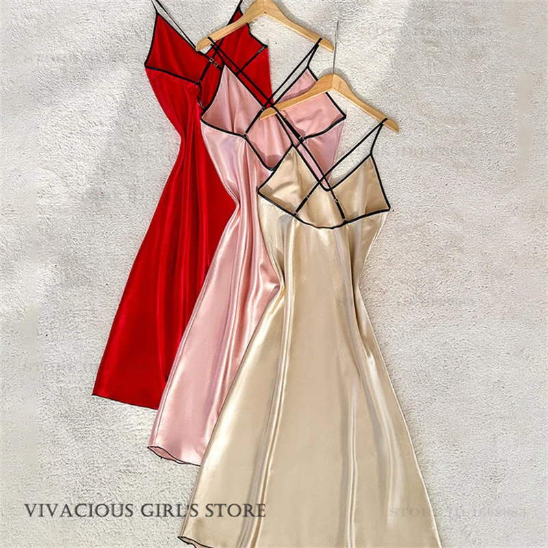 Female Spaghetti Strap Long Nightgown Sexy Chemise Sleepwear Home Dress Spring Summer New Ice Silk Nightdress Loose Lounge Wear
