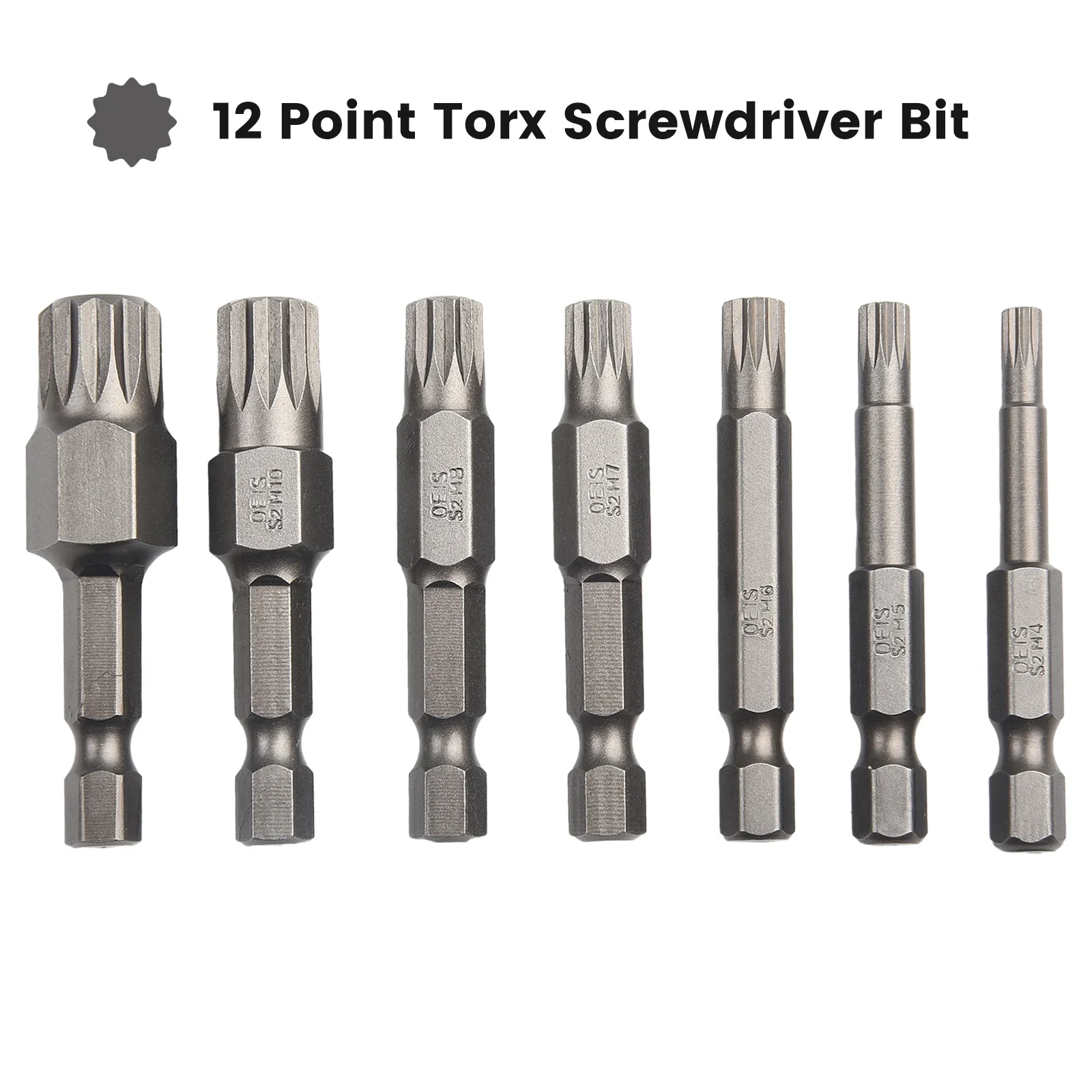 7Pcs 1/4\'\' Hex Shank 12 Point Torx Screwdriver Bit 6.35mm Hex Shank Magnetic Impact Socket Bit 50mm M5 M6 M7 M8 M10 M 12