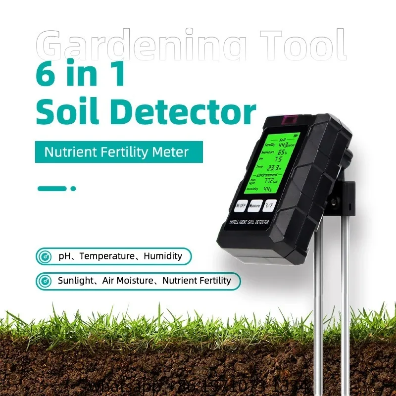 pH Temperature Humidity Soil Detector 6 in 1 Soil Tester Sunlight Air Moisture Nutrient Fertility Meter Gardening Tool Meter