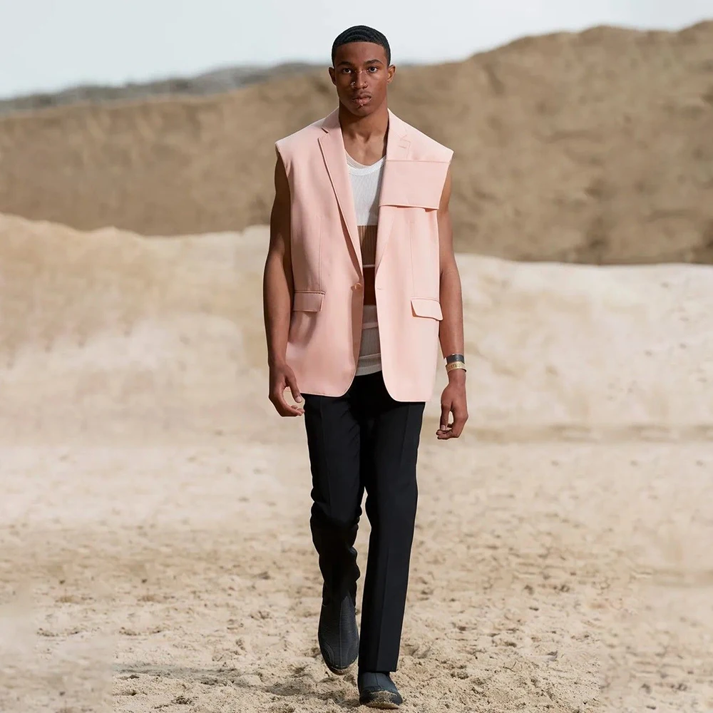 

Casual Men's Suits Two Piece Pant Sets Sleeveless Notch Lapel Single Button Blazer Elegant Streetwear Summer Party Guest Costume