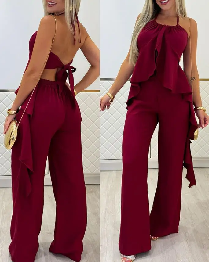 

2025Women's Monochrome Strap Asymmetric Ruffless Backless Clothing and Casual Wide Leg Pants Set New Product for Girls In Stock