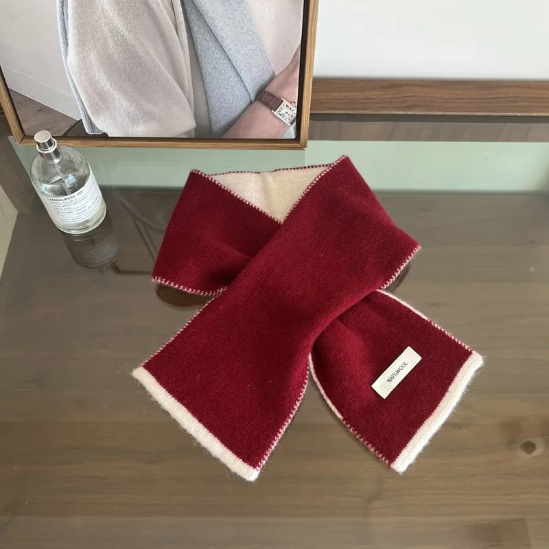 2025 100% Pure Wool Double-Sided Two-Color Short Small Scarf High-Grade Retro Autumn and Winter Warm Scarf for Women