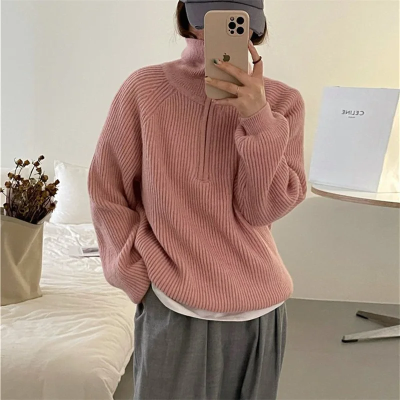 Cool Girl Chic Half Zipper Sweater 2024 New Autumn Women's Solid Long Sleeve Pullover Knitted Sweatshirt Casual Versatile Top