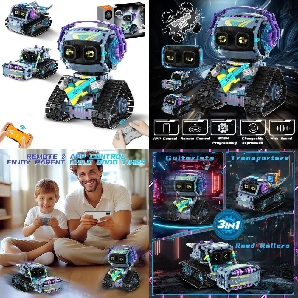 Kit robot STEM 3 in 1: blocchi di costruzione telecomandati e controllati da app con occhi LED, suono, regalo ideale per bambini dai 6 ai 12 anni