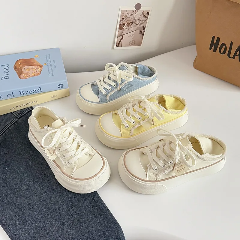 Women's Mule Platform Canvas Sneakers Fringe Decor Slip on Breathable Korean Style Casual Student Shoes Spring Summer 2026