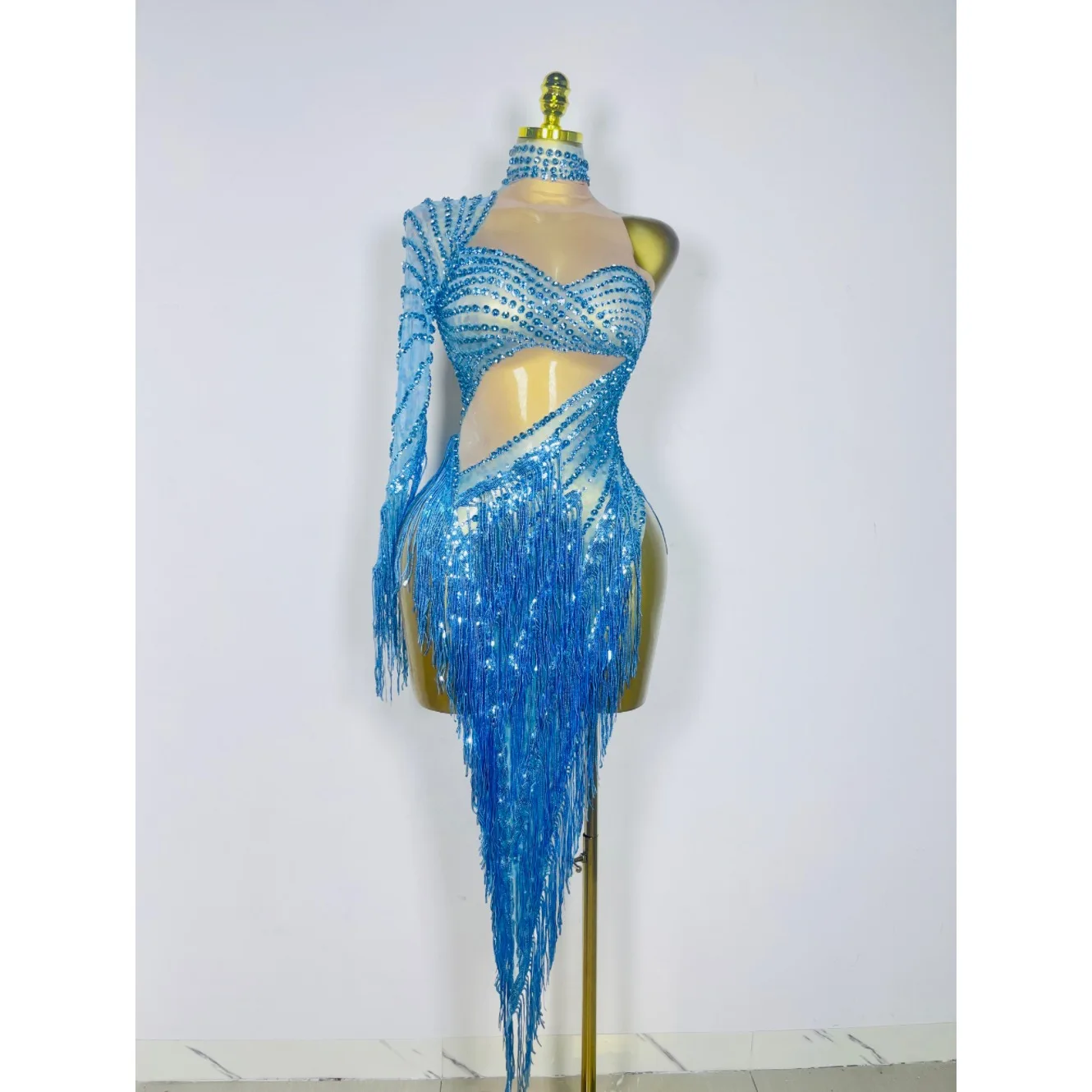 Sparkly Diamond Blue Rhinestone Mesh One Shoulder Tassel Dress Eveing Party Bar Nightclub Stage Costume Latin Dance Outfits