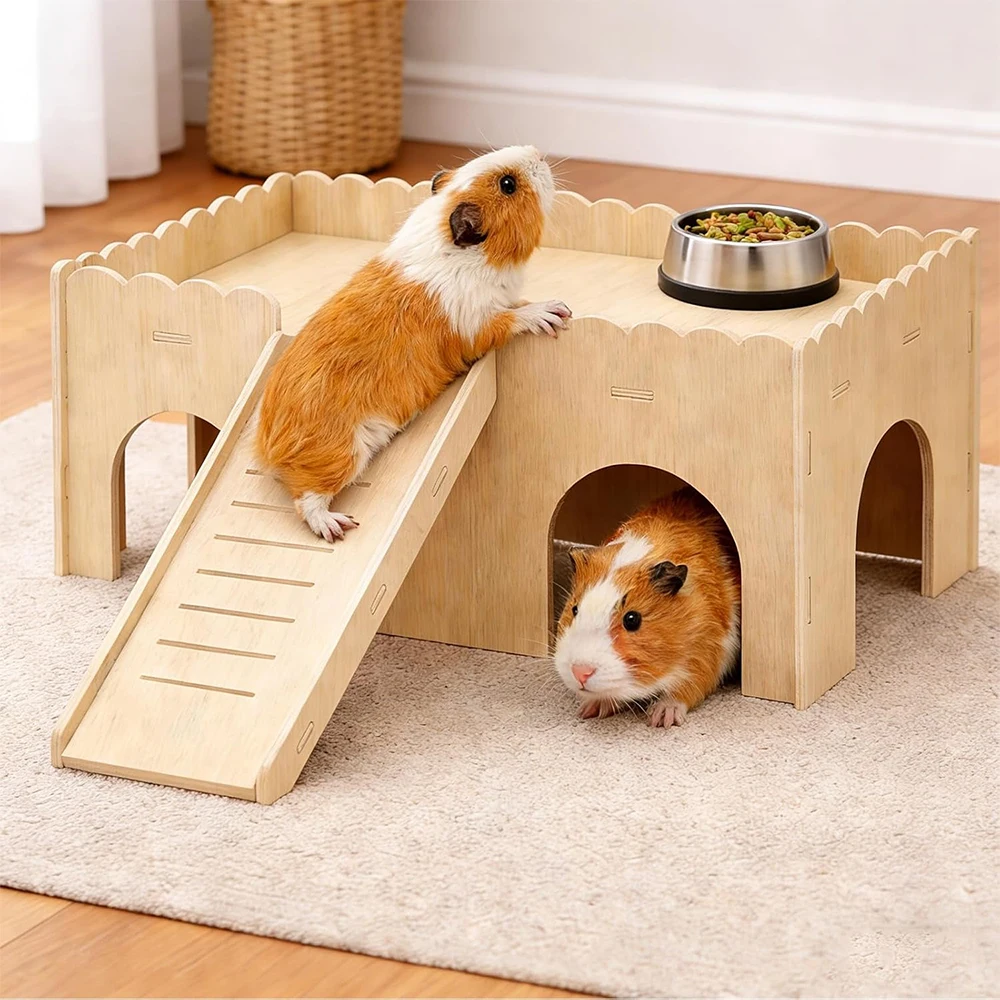Geräumiges Kleintierhaus, Holz-Hamsterhaus 38x25x18cm mit 4 Türen, abnehmbaren Rampen, 2 Ebenen, geeignet für Hamster, Drachenkatzen, Haifische, Kleintier-Innenkäfig, Dekoration