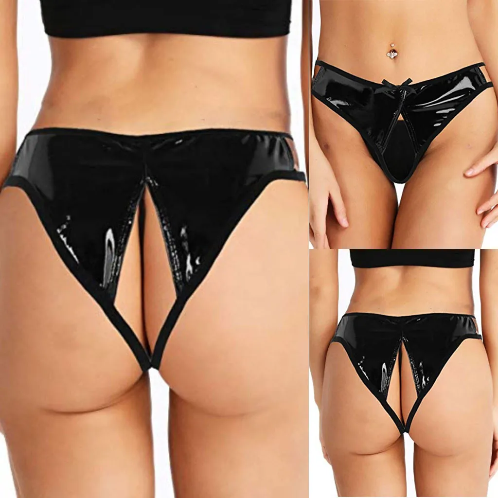 Women Latex Crotchless Panties Faux Leather Shorts Sexy Underwear Open Crotch Briefs Erotic Lingerie Nightclub Panties Clubwear