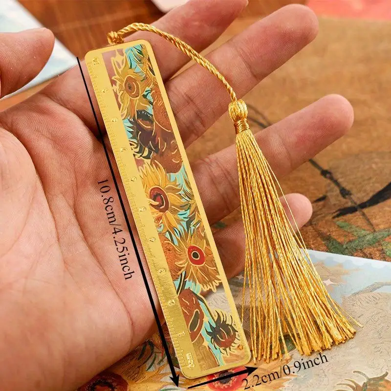 6PCS Retro Oil Painting Metal Hollow Flower Bookmark Students Literary Brass Ruler Gift