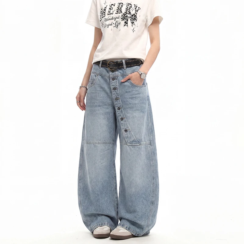 

Men's Jeans Man Pants Heavy Weight Washed Vintage Curved Denim Long Pants Distressed Button Front Relaxed Trousers