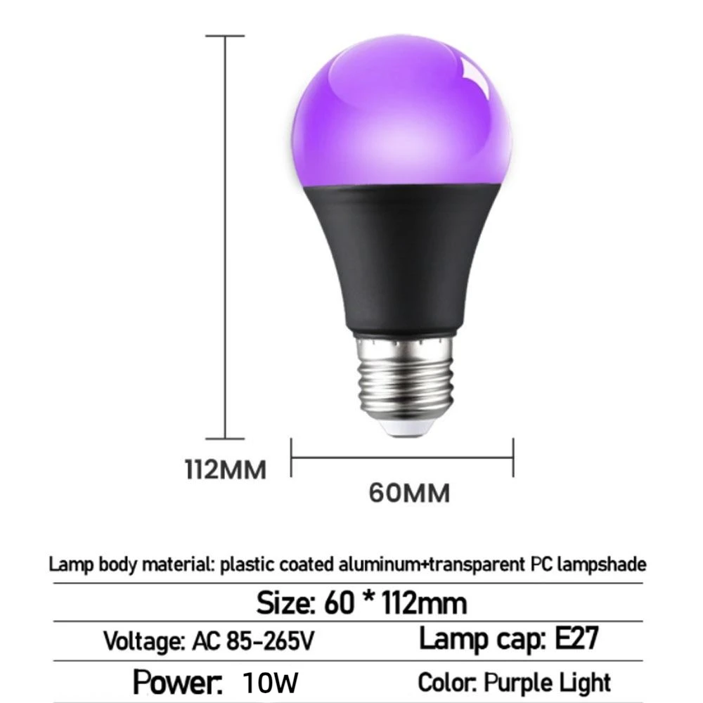 Bombilla portátil 360 brillo UV púrpura E26/E27 espiral 10W 85-265V bombilla negra púrpura aluminio Halloween