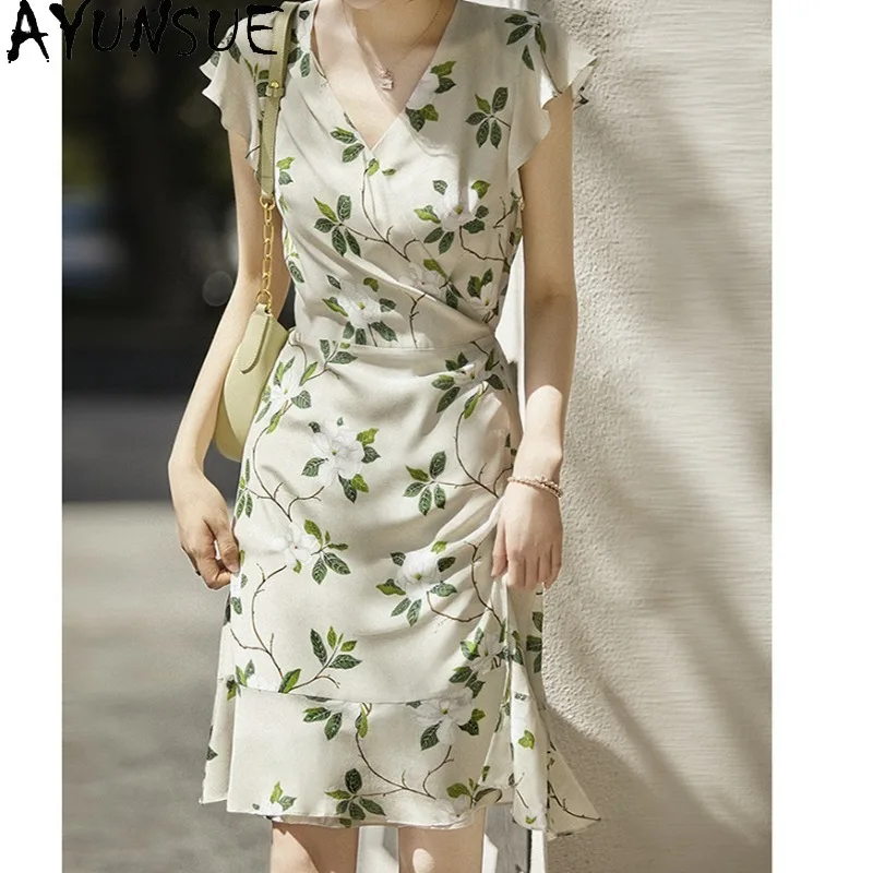 

AYUNSUE Heavyweight Silk Dresses for Women Luxury Fishtail Dress French Sweet Summer Dresses 2026 Woman Clothes Vestido