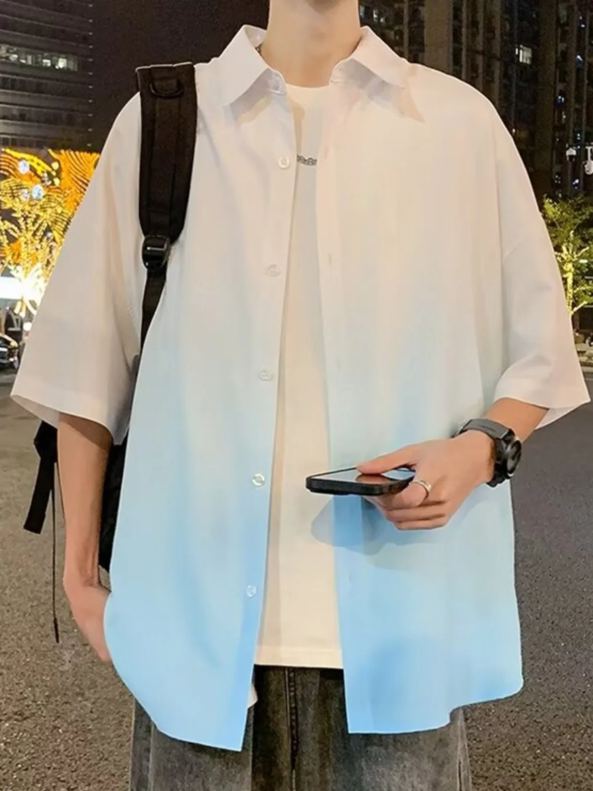 

Graduated Color Ice Silk Short Sleeve Shirt Loose Casual Thin Five Sleeve Men Women Summer Breathable Polyester Fiber Shirt