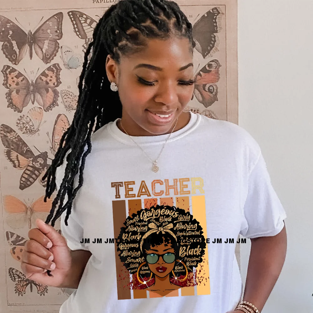 عرض ساخن على المعلم الافرو تصاميم سحرية الحديد على DTF نقل المعلمين الأسود الطباعة على استعداد للضغط للملابس