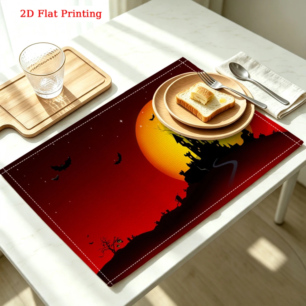 1Pc Halloween Placemat Red Orange Moon Bat Silhouette Table Mat Kitchen Dining Decor Protection 30X40Cm