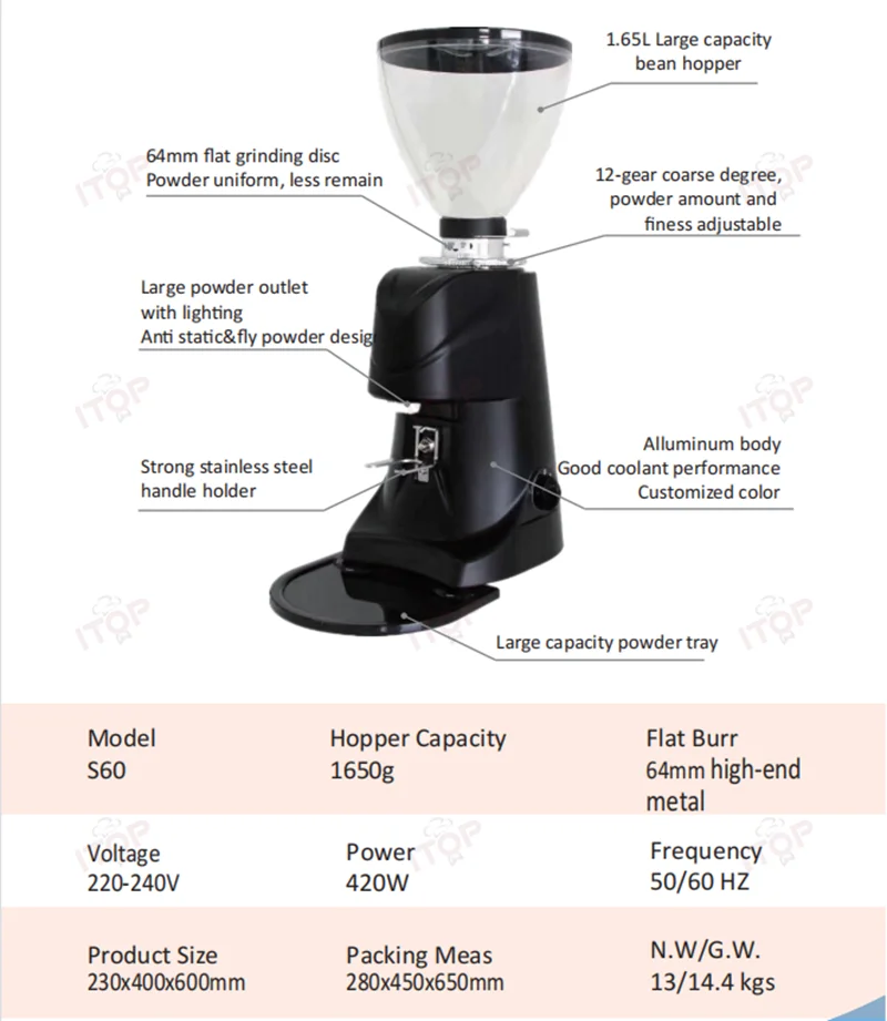 ITOP AFS60 Commercial Electric Grinder Straight Out Type Espresso Bean Grinder Flat Knife 64mm Coffee Miller 110V 220V