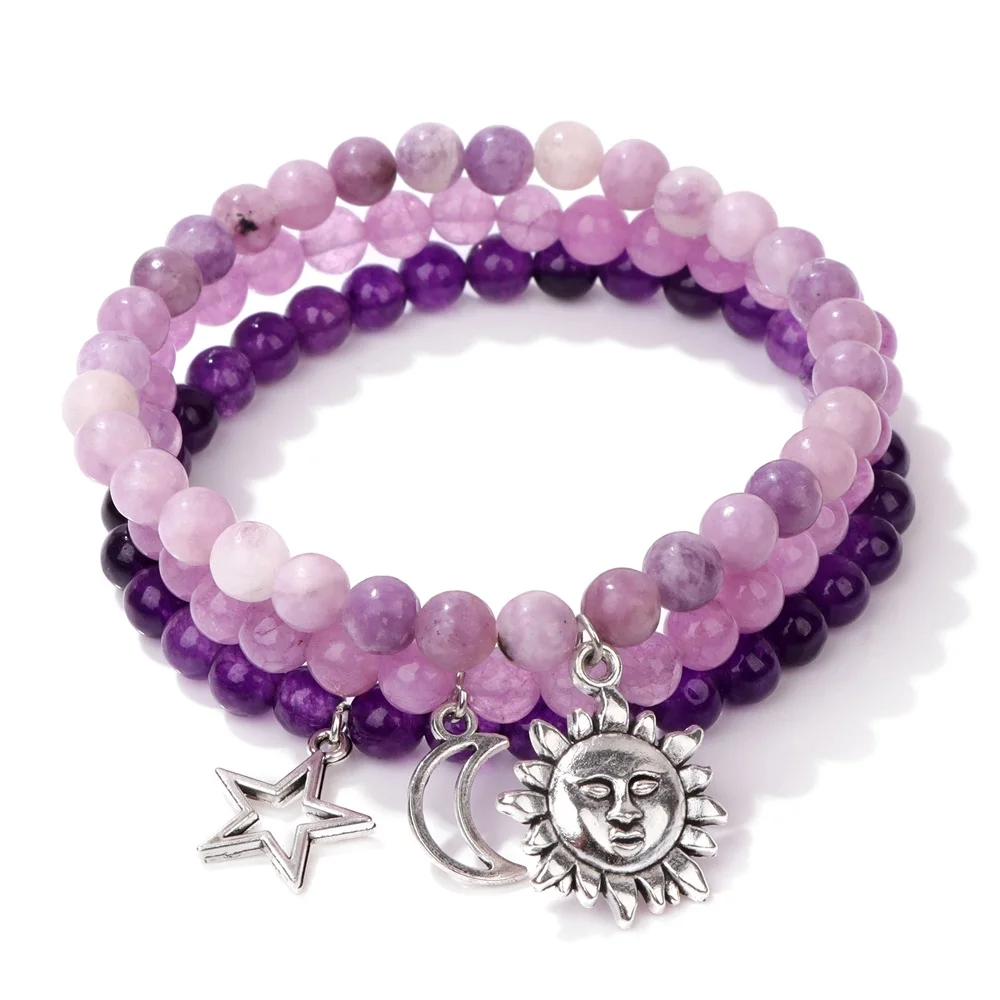 3pcs/set Amethysts Bead Bracelet Sun Moon Star Pendant Charm Bracelets For Women Men Purple Lilac Jaspers Natural Stone Bracelet