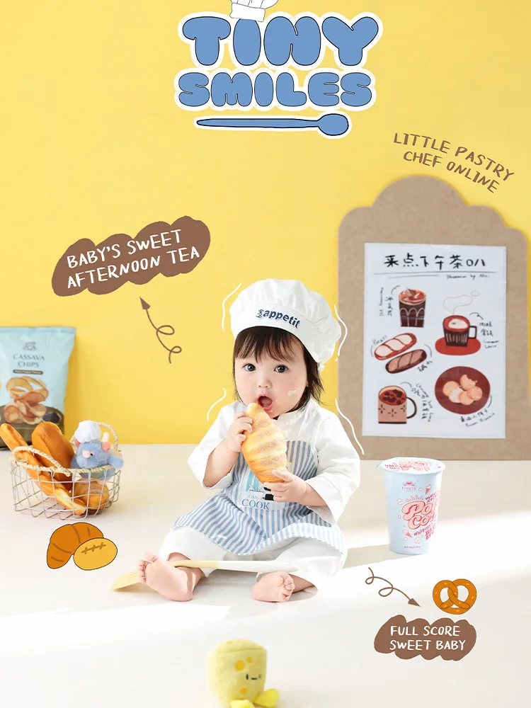 Cute Little Chef Style Costume Photography Outfit Striped Apron+chef Hat Set Studio Baby 100 Days Milestone Themed Photo Clothes