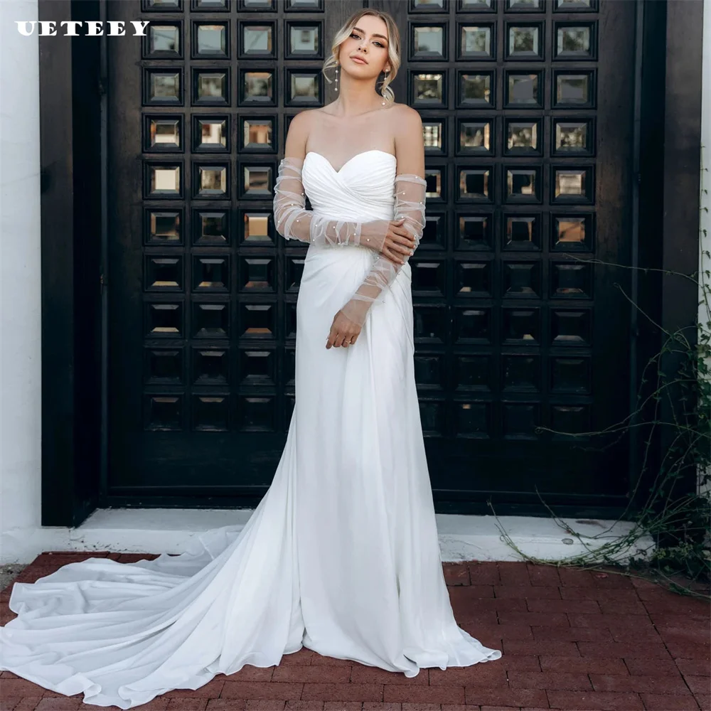 

UETEEY Customized Detachable Sleeves Pleats Mermaid Wedding Dress For Women Elegant Crepe Zipper Back Floor Length Bridal Gown
