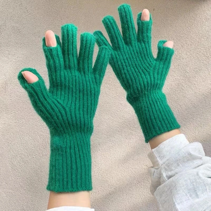 yellow Mittens Women Winter Warm Thickening Gloves Touch Screen Knitted Thicken Stretch Gloves Full Finger Outdoor Skiing Gloves