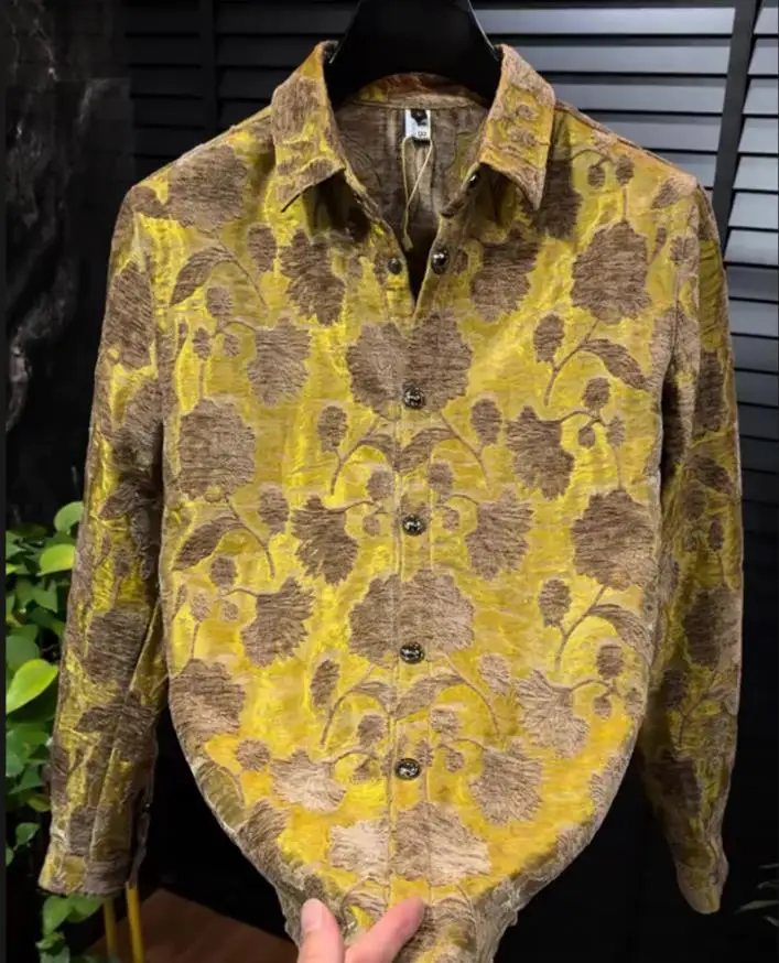 New Winter 2025 European and American men's wear collection  Long-sleeved lapel Yellow printed shirt 6XL