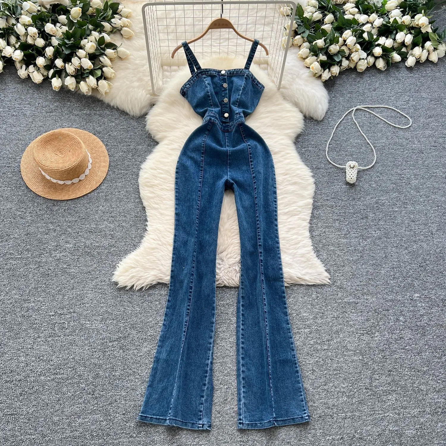

Fashion Sleeveless Overalls Women's Spring New Hong Kong-style Retro Metal Buckle High Waist Thin Denim Trousers