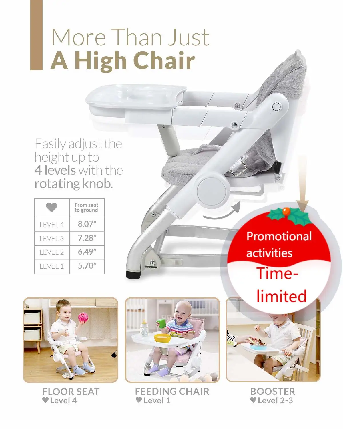 

Feed Me 3-in-1 Travel High Chair Booster Seat for Infants and Toddlers - Transitional, Compact & Fits Any Chair, Swivel Tray, Sh