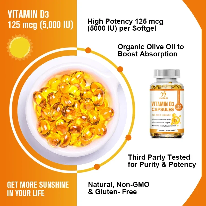 Vitamine D3 5000 IE 125 Mcg Vitamine D3 Capsules Gezonde spierfunctie Helpt de immuniteitsgezondheid te ondersteunen Sterke botten en tanden