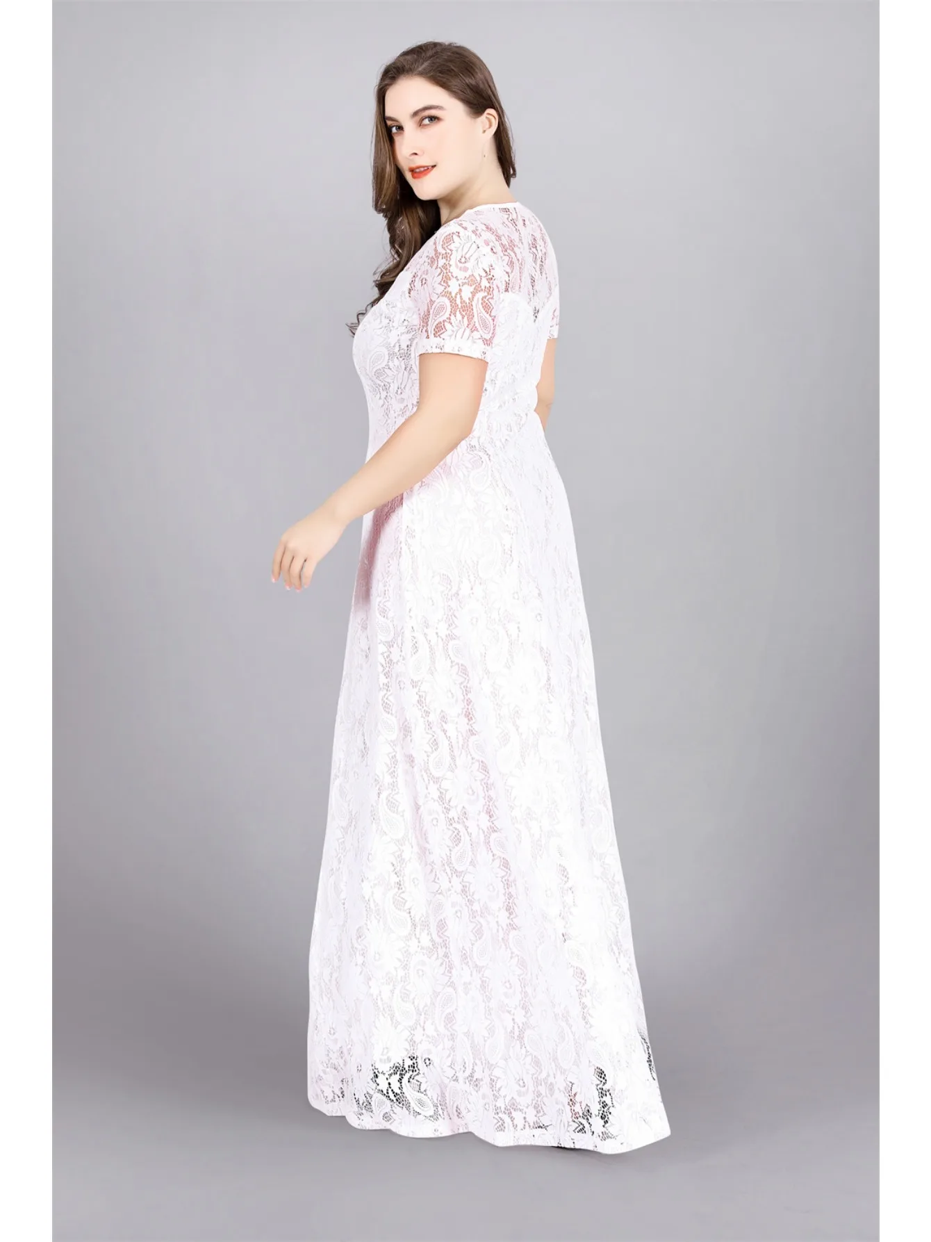 Plus Size Party Dress Women Summer Short Sleeve Lace Floral Hollow Out Sexy Evening Club Dresses Wedding Guest Long Dress