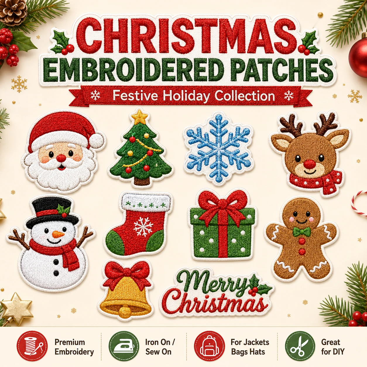 Custom Christmas Embroidered Patches Santa Snowman Reindeer Tree Iron On Sew On for Jackets Bags Hats Holiday Gifts DIY Decor