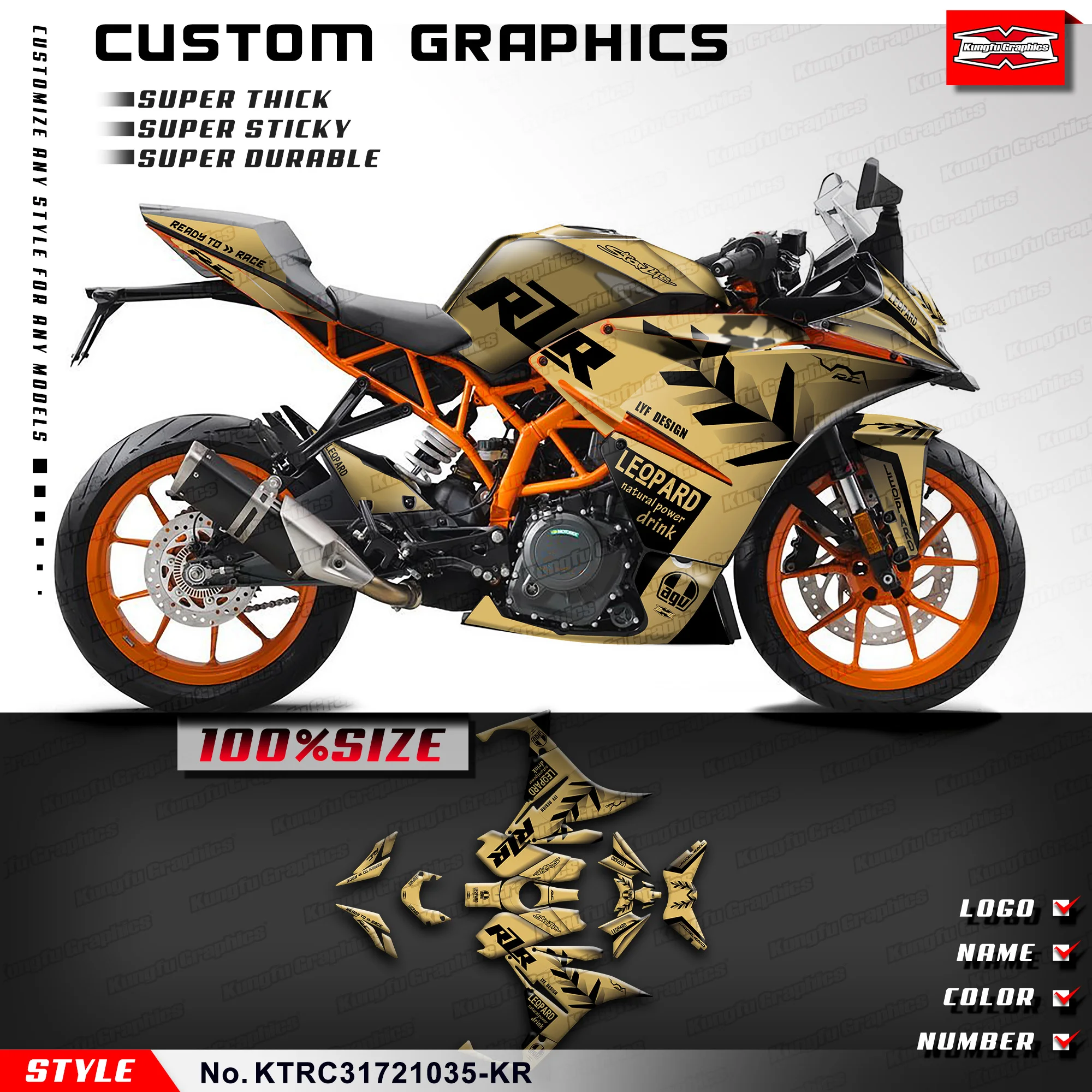 KUNGFU GRAPHICS Graphics Kit Wrapping for KTM RC 125 200 250 390 2017 2018 2019 2020 2021 2022 2023 2024, KTRC31721035-KR