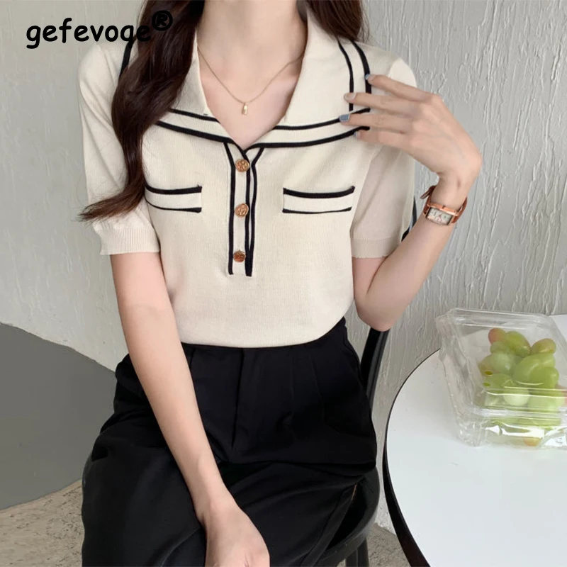 

Summer Polo-neck Preppy Style Patchwork Knitting T-shirt Ladies Casual Fashion Buttons All-match Top Women Oversized Loose Tee