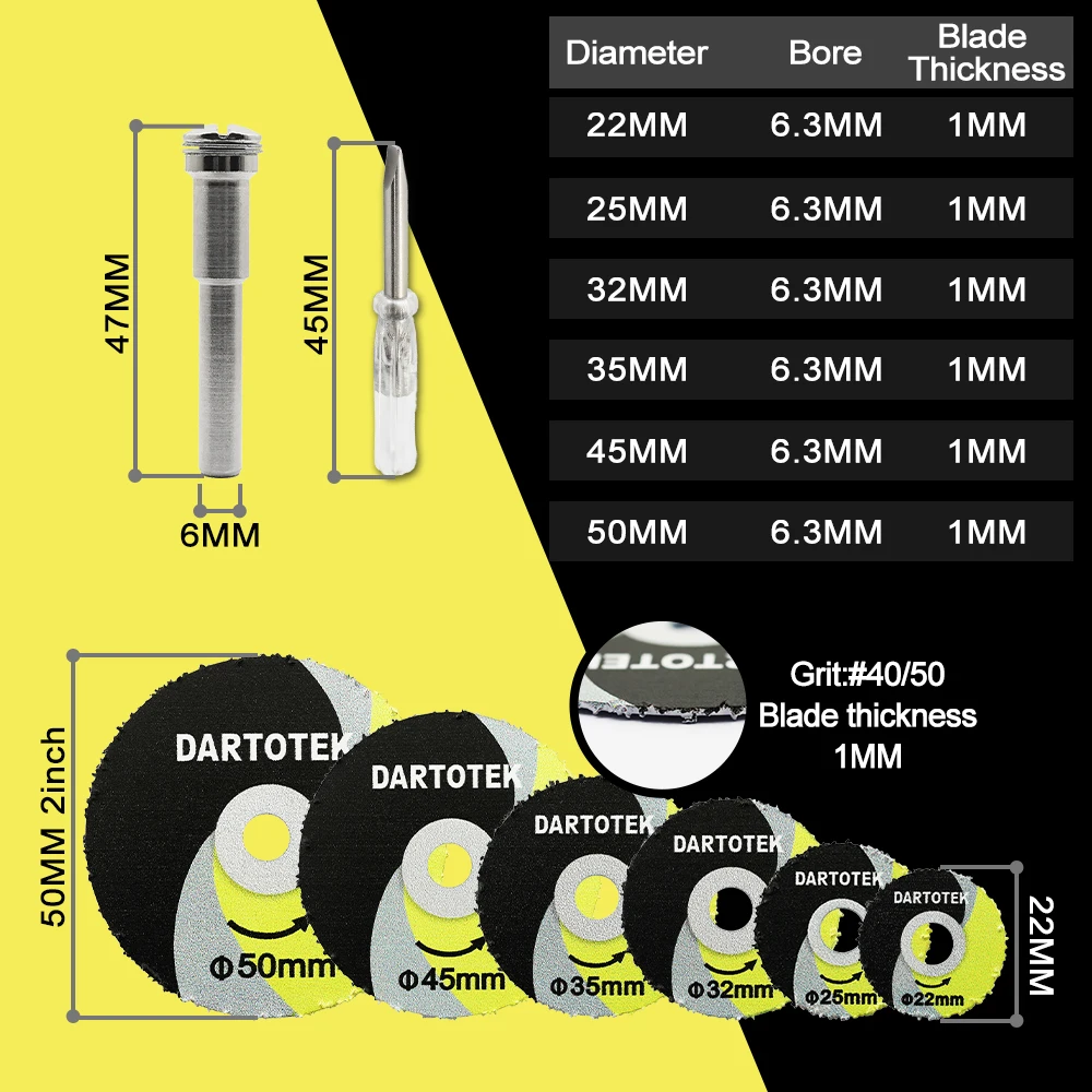 DARTOTEK Woodworking Carving Mini Saw Blade Kit 22/25/32/35/45/50mm Hole Saw+1pc Round Handle Connector+1 Flat-head Screwdriver