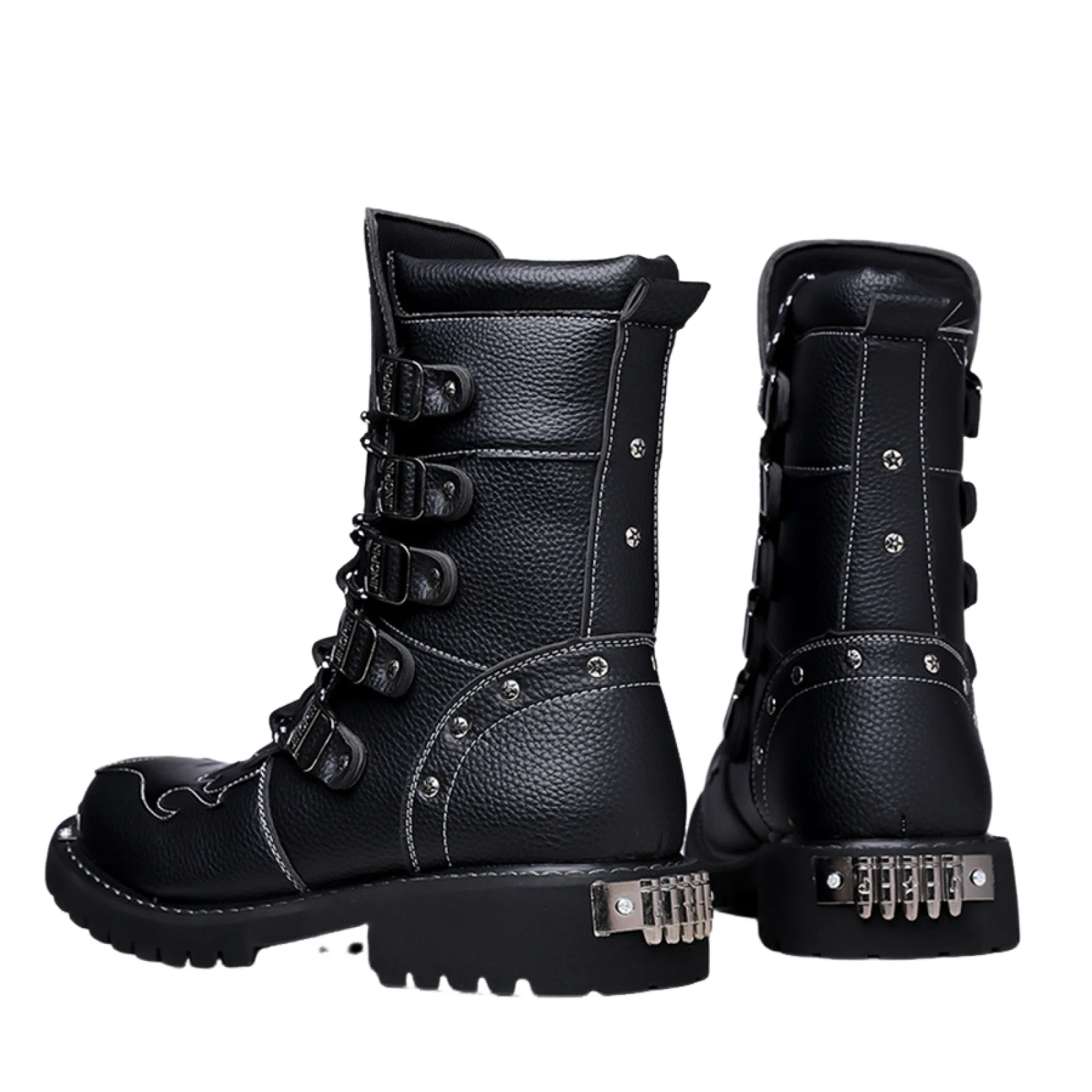 Scarpe alte in pelle stile britannico maschile Abbigliamento da lavoro Cavaliere Stivali punk da moto Decorazione con fibbia per cintura Scarpe alla moda