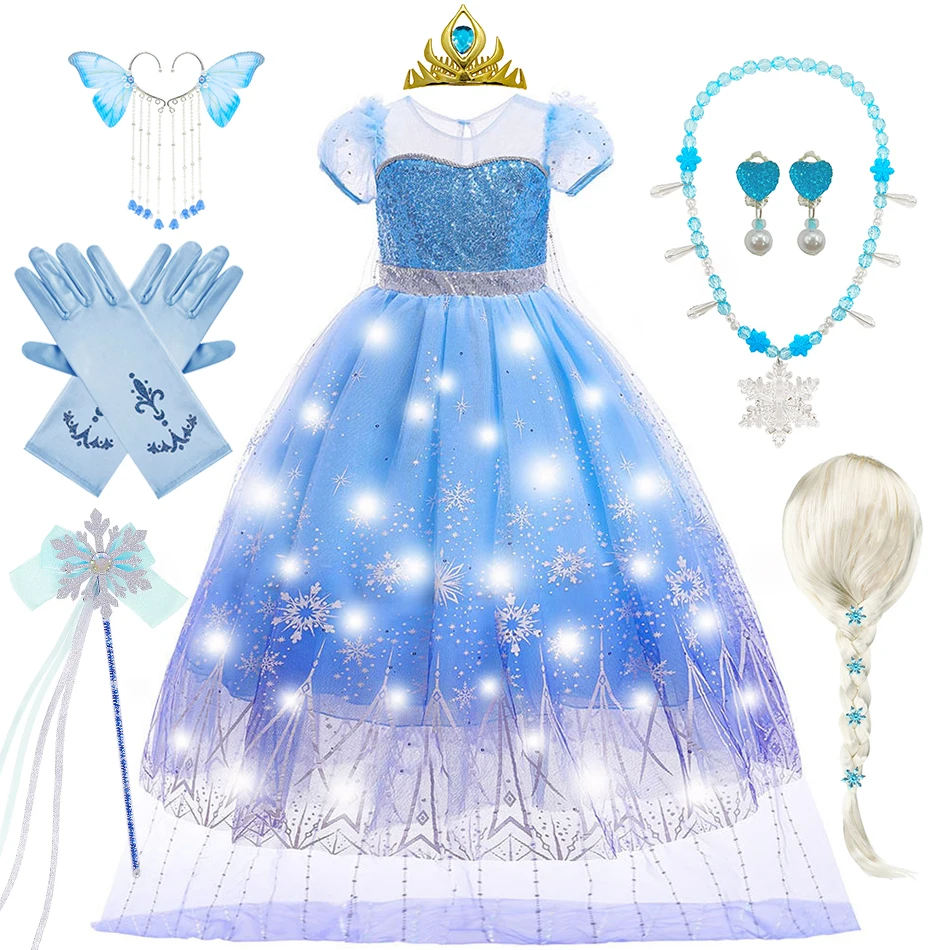 Elsa Cosplay Princess Dress Girl Halloween Christmas Carnival Party Costume Snow Queen Role Playing Outfit Children Elegant Gown