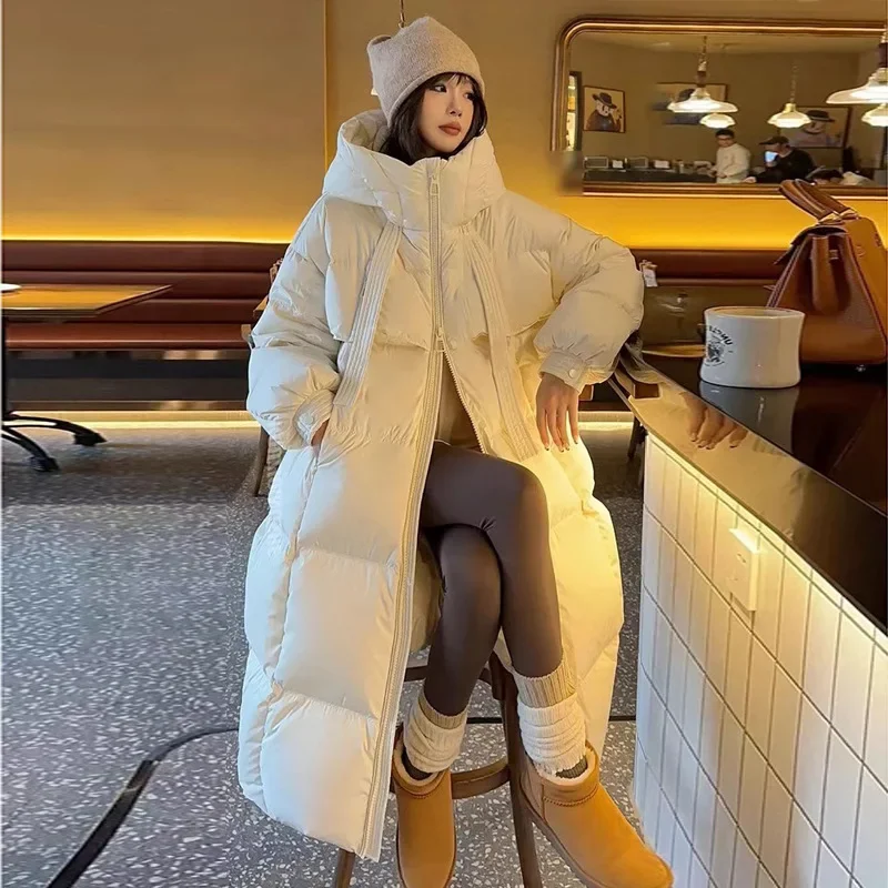 

Long Knee-padded Winter Coat Women's Thicken Warm Hooded Casual Loose Jacket Fashion Solid Bidirectional Zipper Women Clothing