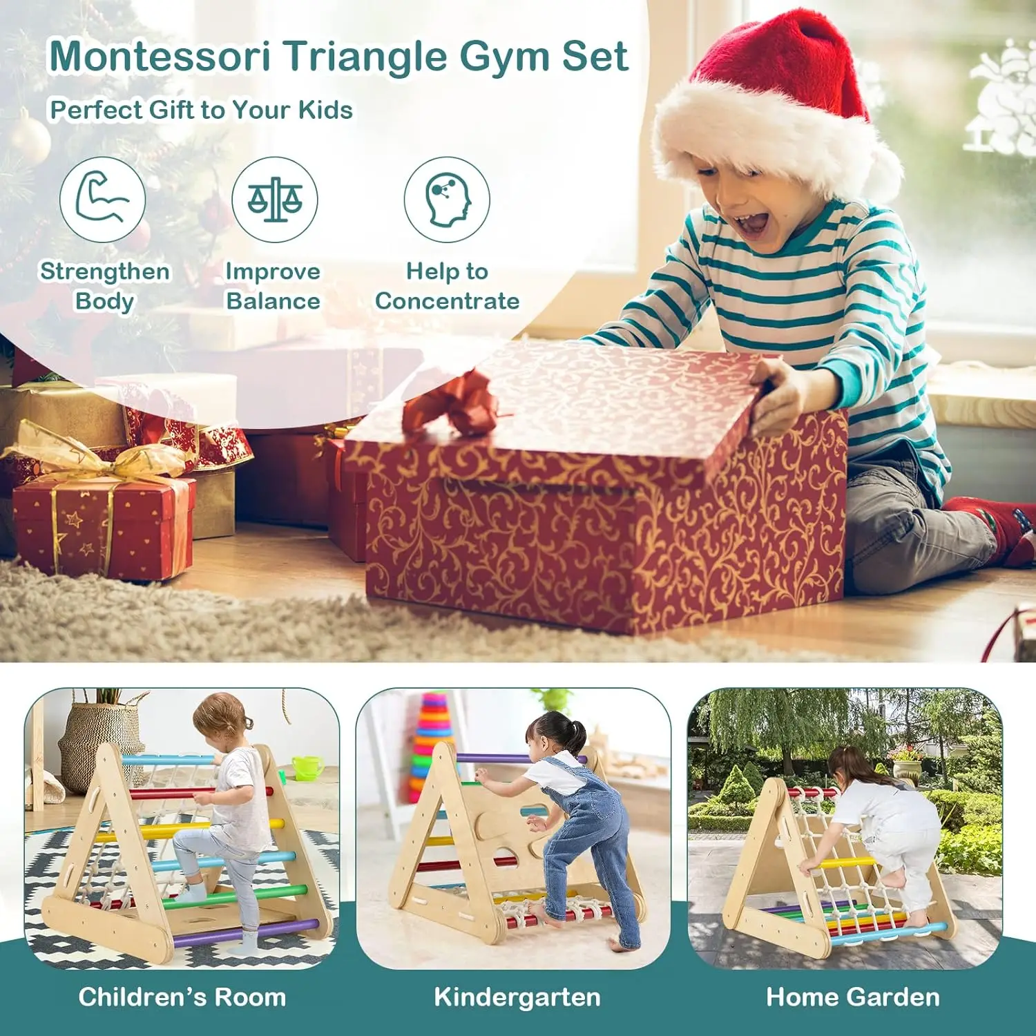 Jouet d'escalade 4 en 1 pour tout-petits, grimpeur triangulaire en bois Montessori sur 3 côtés avec rampe coulissante, filet d'escalade et planche, enfants garçons