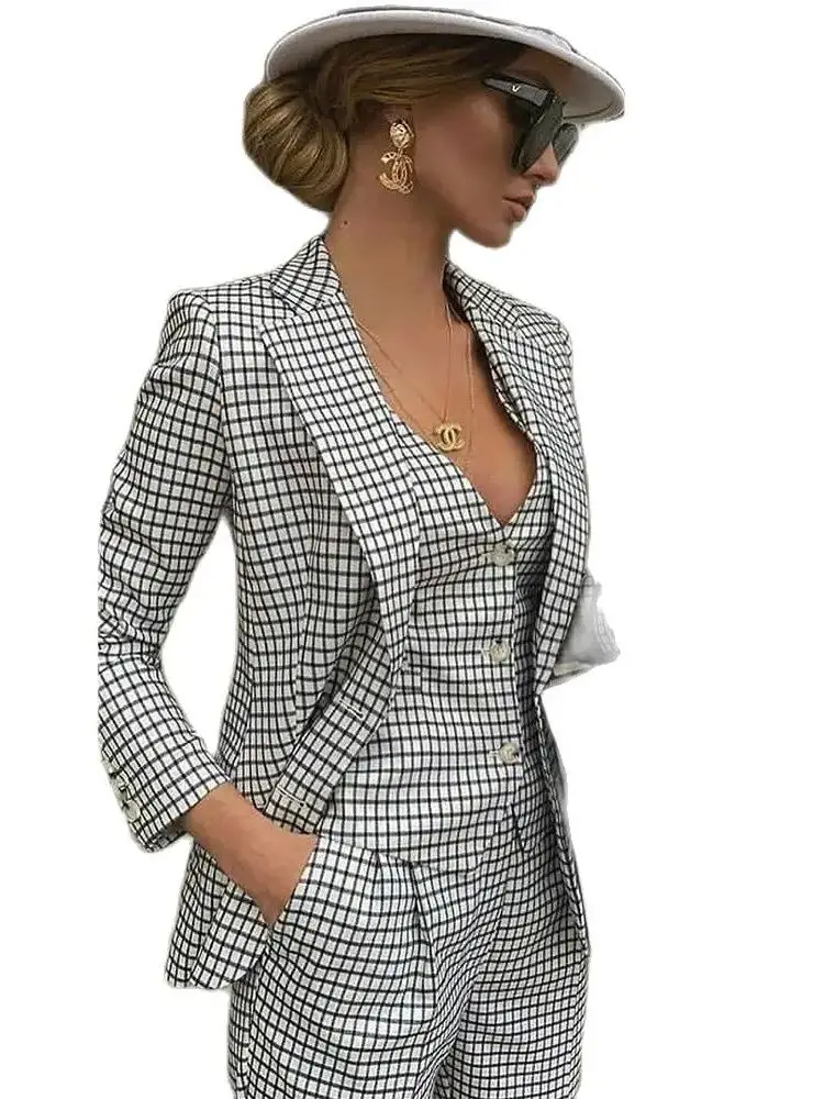 Spring White/Black Plaid Check Women Suits For Wedding Single Breasted Blazer Vest Pants 3 Pieces Business Ladies Dress Elegant