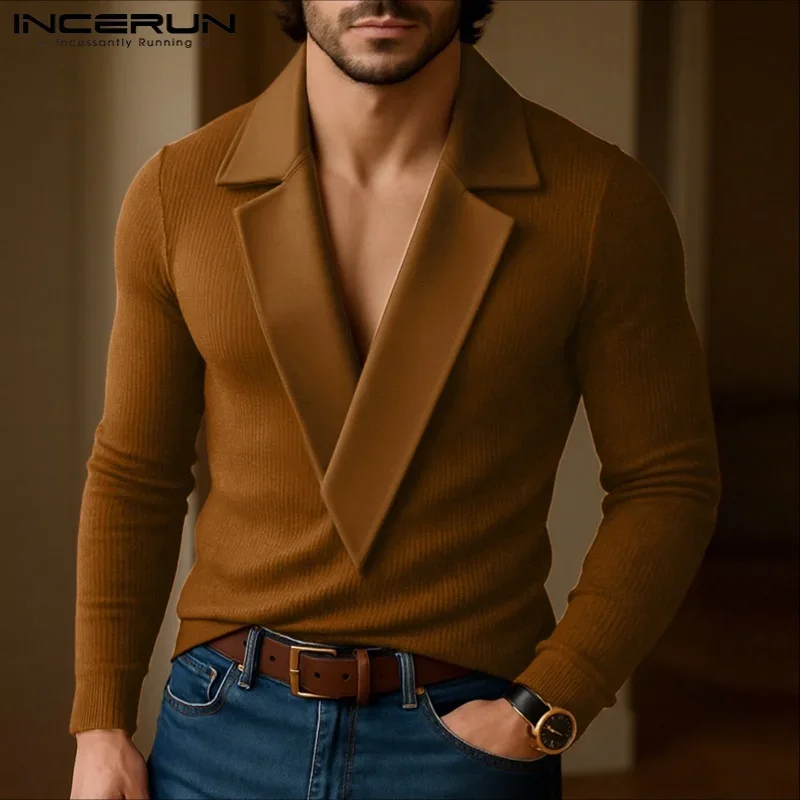

INCERUN Men Sweaters Patchwork Lapel Collar Long Sleeve Knitted Male Pullovers Streetwear 2026 Fashion Casual Men Clothing S-5XL