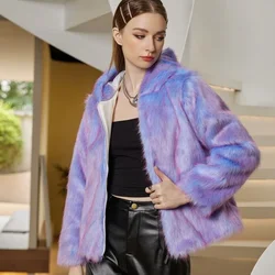 Abrigo de piel sintética con capucha para mujer, chaqueta colorida a la moda, prendas de vestir informales con cremallera, ropa de otoño e invierno, 2023