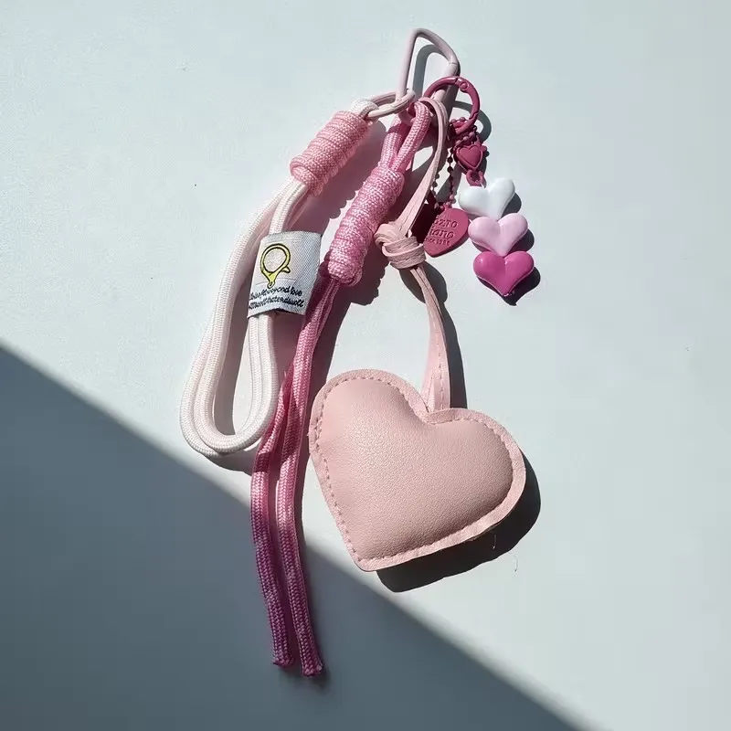 Cute PU Heart Leather Rope Keychain Handmade Braided Rope Car Keyrings Ins Y2K Love Rope Bag Charm Children