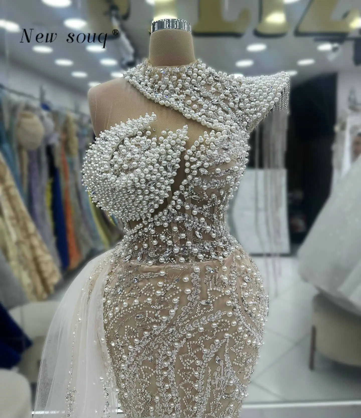 Arabic Nude Champagne Pearls Beaded Mermaid Evening Dresses with Side Tail Customized Formal Women Wedding Dinner Party Gowns