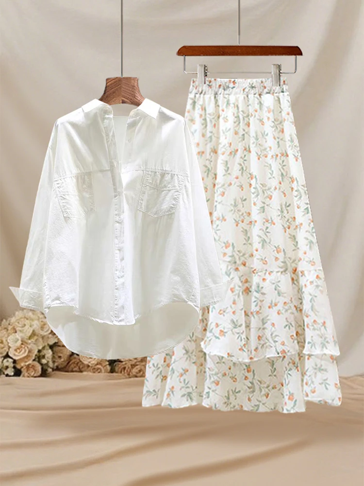 

Summer Casual Sun Protection Shirt Women's High Waist Floral Half Skirt Two Piece Set Anti Aging Gentle Set